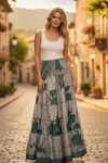 Women’s Gray & Green Floral Beach Maxi Skirt Dress | Patchwork Boho Skirt S/M