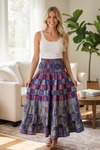 Summer Pink & Purple Check Print Beach Maxi Skirt – Patchwork Boho Skirt Dress S/M