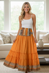 Bohemian Orange Floral Beach Maxi Skirt – Flowing Boho Chic Skirt Dress  S/M