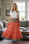 Bohemian Rose Red Floral Beach Maxi Skirt – Flowing Boho Chic Summer Skirt Dress S/M