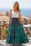 Summer Sea Blue Floral Maxi Skirt – Patchwork Boho Beach Skirt Dress for Women S/M