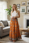 Bohemian Orange Floral Maxi Skirt – Summer Beach Boho Skirt Dress for Women S/M
