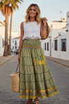 Bohemian Moss Green Floral Maxi Skirt | Stylish Summer Beach Boho Skirt S/M