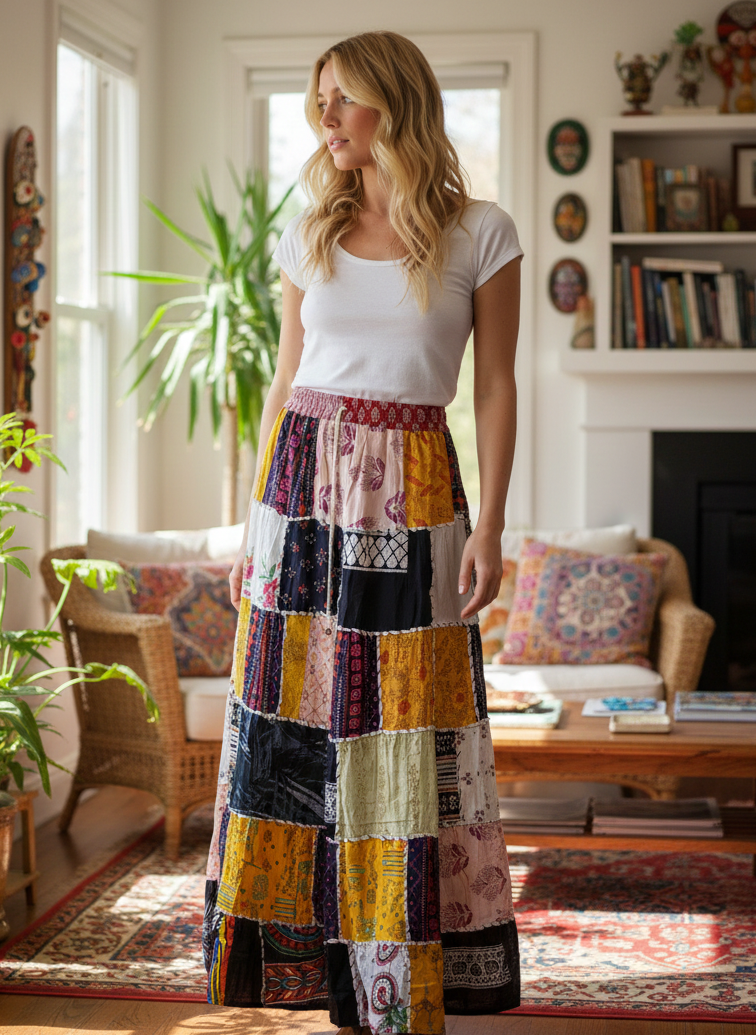 Womens Boho Patchwork Skirt, Yellow Black Maxi Patchwork Skirts S/M/L Womens Boho Patchwork Skirt, Yellow Black Maxi Patchwork Skirts S/M/L