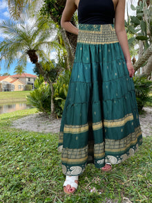  Summer Pine Green Floral Maxi Skirt Patchwork Boho Skirt Dress S/M