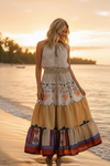 Women’s Summer Beige Multi-Floral Maxi Skirt – Patchwork Boho Skirt Dress S/M