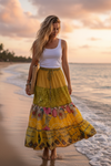 Women’s Yellow Floral Maxi Skirt – Patchwork Boho Skirt Dress S/M