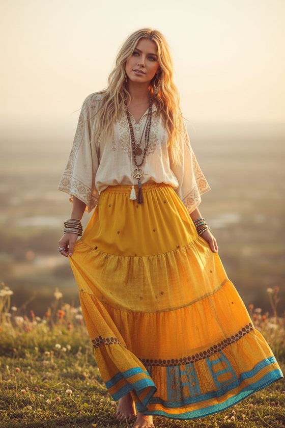 Trendy Honey Yellow Maxi Skirt  Stylish Flowy Boho Skirt Dress for Women S/M