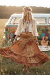Women’s Dark Orange Floral Maxi Skirt – Patchwork Boho Flared Skirt S/M
