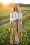 Women’s Olive Green Floral Maxi Skirt – Patchwork Boho Flared Skirt S/M