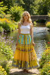 Trendy Flowy Maxi Skirt Yellow Blue | Stylish Boho Long Skirt for Women S/M