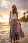 Women’s Berry Red Floral Maxi Skirt – Boho Ruffle Long Skirt ML