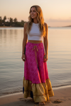 Women’s Flowy Pink Floral Maxi Skirt – Ruffle Long Festive Skirt ML