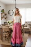 Women’s Pink Floral Flowy Maxi Skirt – Tiered Ruffle Boho Long Skirt ML