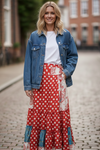 Women’s Rose Red Dotted Flowy Maxi Skirt – Stylish Boho Long Skirt Dress S/M