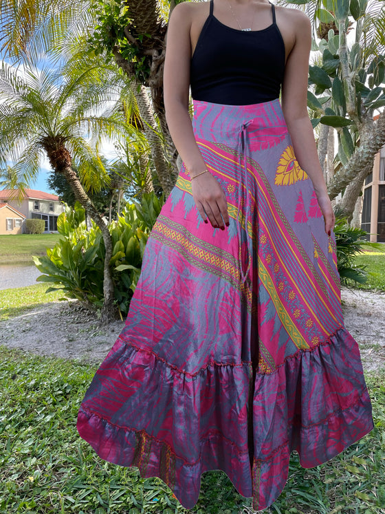 Women's Flowy Maxi Skirt Purple Floral Beach Maxi Skirt Patchwork Boho Skirt Dress M/L