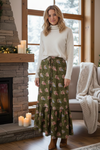 Women’s Olive Green Floral Maxi Skirt | Tiered Ruffle Boho Skirt  ML