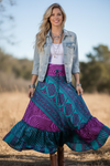 Women’s Flowy Blue Floral Maxi Skirt | Tiered Ruffle Boho Long Skirt ML