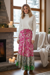 Women’s Flowy Maxi Skirt – Pink Floral Patchwork Boho Skirt Dress ML