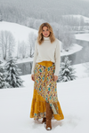 Women’s Gold Orange Floral Maxi Skirt – Boho Ruffle Long Skirt with Flowing Silhouette ML