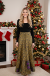 Women’s Olive Green & Purple Floral Flowy Maxi Skirt | Boho Ruffle Long Skirt ML