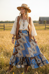 Flowy Floral Beach Maxi Skirt | Tiered Ruffle Boho Skirt for Women ML