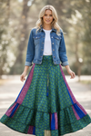 Dark Green Floral Beach Maxi Skirt for Women – Flowy Tiered Ruffle Boho Skirt ML