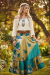 Women’s Blue & Gold Floral Beach Maxi Skirt – Tiered Ruffle Boho Summer Skirt  ML