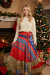 Red & Blue Floral Beach Maxi Skirt – Tiered Ruffle Boho Long Flared Skirt for Women  ML