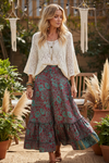 Skirts for Women Pine Green & Red Floral Maxi Skirt – Tiered Ruffle Boho Beach Skirt ML
