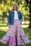 Bubblegum Pink Maxi Skirt for Women | Patchwork Boho Skirt Dress M/L