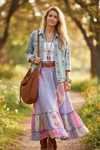 Pink & Blue Floral Patchwork Maxi Skirt Dress – Boho Long Skirt for Women  M/L