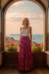 Women's Magenta Pink Floral Maxi Skirt – Long Patchwork Boho Skirt, Beachwear  M/L