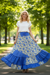 Women’s Blue Floral Patchwork Maxi Skirt – Boho Chic Handmade Skirt Dress  M/L