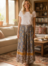 Women’s Blue Floral Cotton Maxi Skirt – Casual Beach Summer Flare Skirt S/M