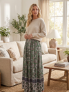 Women’s Green Floral Cotton Maxi Skirt – Boho Gypsy Beach Flare Skirt, S/M