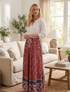 Women’s Red Floral Cotton Maxi Skirt – Boho Summer Hippie Retro Skirt S/M