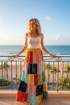 Women’s Red Patchwork Maxi Skirt – Retro Festive Boho Hippie Style S/M