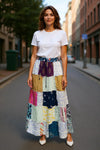 Womens Maxi Skirt White Patchwork Skirts Retro Festive Hippie Skirts S/M
