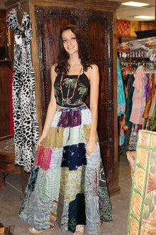  Womens Maxi Skirt White Patchwork Skirts Retro Festive Hippie Skirts S/M