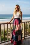 Women’s Pink Patchwork Beach Maxi Skirt – Retro Festive Boho Hippie Style S/M