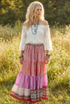 Women’s Pink & Purple Floral Beach Maxi Skirt – Patchwork Boho Long Skirt S/M