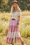 Women’s Light Pink Floral Beach Long Skirt – Patchwork Boho Maxi Skirt  S/M