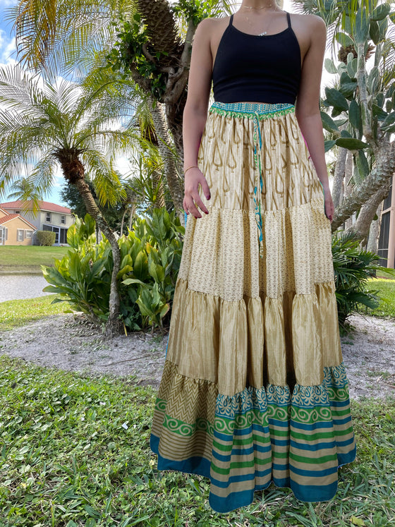 Womens Beige Green Beach Maxi Skirt Patchwork Boho Skirts S M