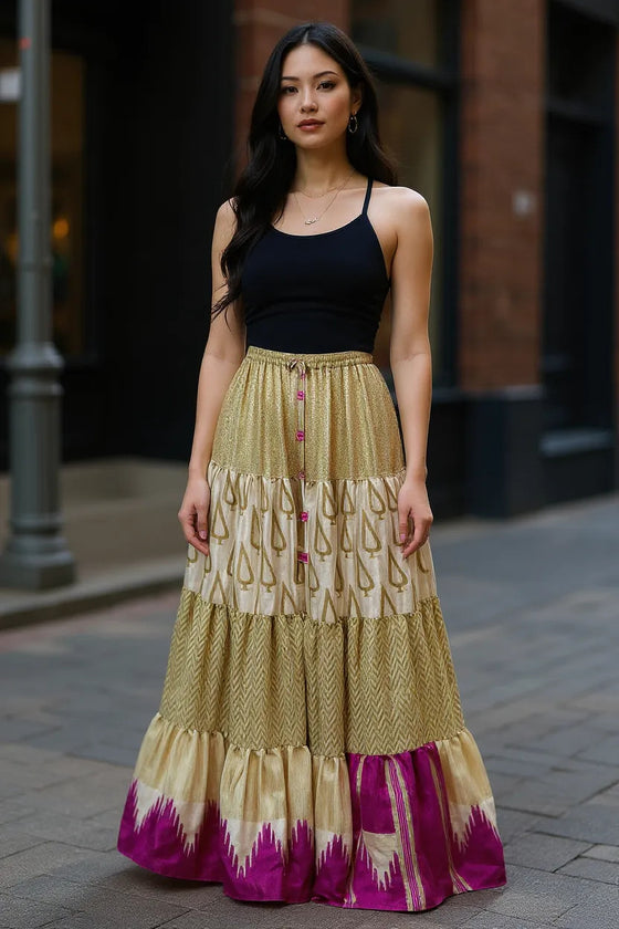 Womens Beige Purple Beach Maxi Skirt Patchwork Boho Skirts S/M