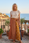 Boho Maxi Skirt – Retro Brown Pink Patchwork Swing Skirt for Fall  S/M/L