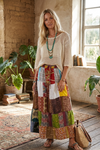 Womens Patchwork Maxi Skirt – Colorful Silk Blend Boho Beach Flare Long Skirt  S/M