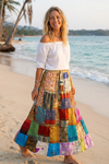 Women’s Earthy Patchwork Silk Maxi Skirt – Handmade Recycled Boho Hippie Skirt S/M