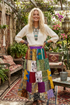 Women’s Crimson Sky Patchwork Silk Maxi Skirt – Boho Festival Sari Hippie Skirt SML