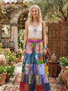 Women’s Blue Oasis Patchwork Flared Maxi Skirt Summer Boho Beach Skirt S/M/L